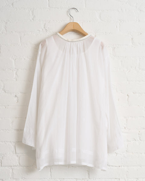 AODRESS, 38, WHITE, JELLY STITCHED NECK RIBBON GATHER TUNIC WITH INNER