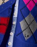 LA FETICHE, AW26-ISH, ARGYLE CREW NECK CARDIGAN, BLUE