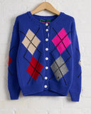 LA FETICHE, AW26-ISH, ARGYLE CREW NECK CARDIGAN, BLUE