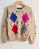 LA FETICHE, AW26-ISH, ARGYLE CREW NECK CARDIGAN, OATMEAL
