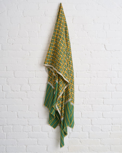 YASER SHAW, GREEN PLAID, EMBROIDERED CASHMERE SCARF